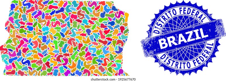 Brazil Distrito Federal map vector image. Splash collage Brazil Distrito Federal map and rubber badge. Sharp rosette blue seal with caption and Brazil Distrito Federal map.