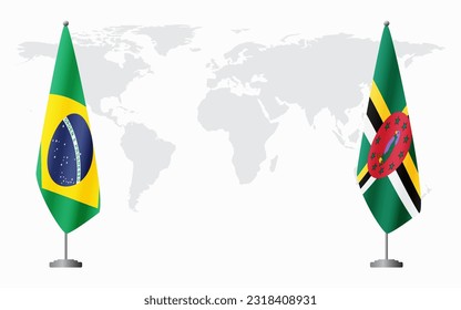 Brazil and Dominica flags for official meeting against background of world map, vector