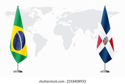 Brazil and Dominican flags for official meeting against background of world map, vector