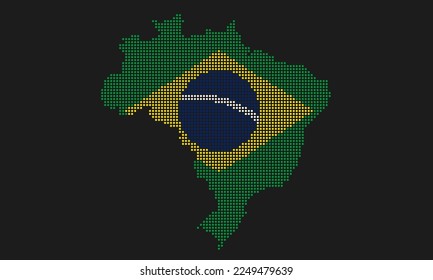 Brazil dotted map flag with grunge texture in mosaic dot style. Abstract pixel vector illustration of a country map with halftone effect for infographic. 