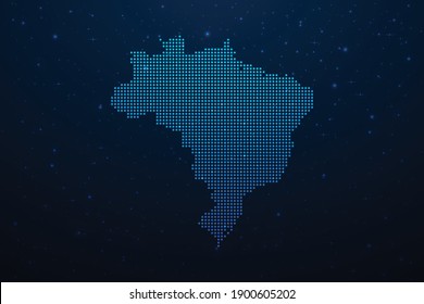 Brazil dotted map in futuristic style, glowing outline made of stars lines dots. Communication, internet technologies concept on dark blue space background. Vector illustration.