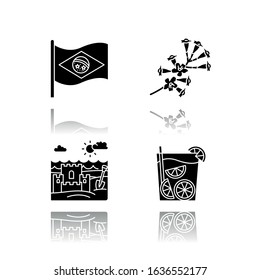 Brazil drop shadow black glyph icons set. National flag. Plumeria. Caipirinha. Sand castle on the coast. Ipê tree. Traditional cocktail. Ocean beach. Isolated vector illustrations on white space