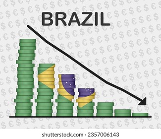 Brazil economic collapse, decreasing values with coins, crisis and downgrade concept, Brazil flag with changes, falling arrow, news banner idea, fail and decrease, financial decline