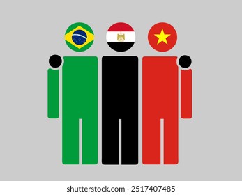 Brazil, Egypt, and Vietnam National Flags With Embracing Body. Vector Illustration. Isolated background.