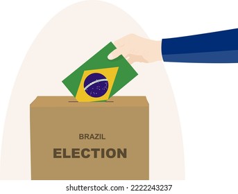 Brazil election and vote concept, political selection, man hand and ballot box, democracy and human rights idea, election day, vector asset with Brazil flag