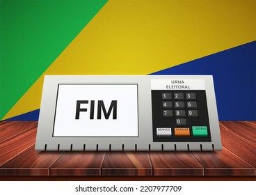 Brazil Electoral Urn with numeric keypad on wooden surface. Braille font. Brazilian flag colors. Translations: Urna Eleitoral - Ballot box; Branco - Blank; Corrige - Correct; Confirma - Confirm.