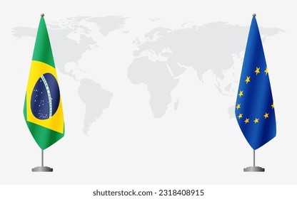 Brazil and European Union flags for official meeting against background of world map, vector