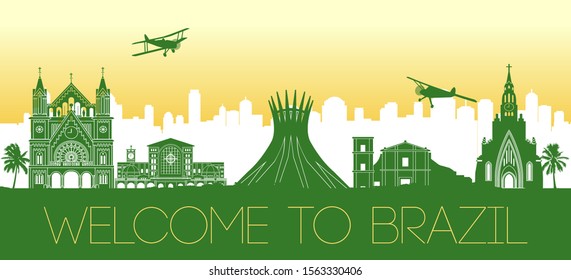Brazil famous landmark with national flag color design,vector illustration