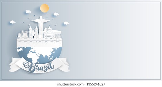 Brazil famous landmarks on earth in paper cut style vector illustration.