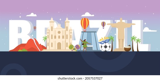 Brazil famous landmarks travel with bright sky vector and big font background.