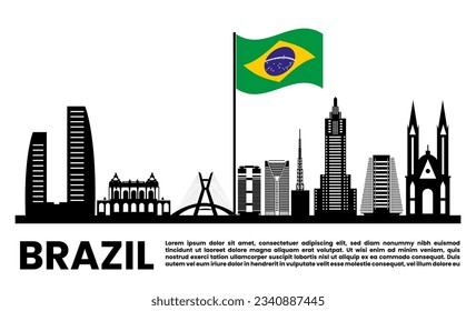 Brazil famous monuments skyline. Brazil outline skyline, brazilian flat thin line icons, landmarks, illustrations. Brazil cityscape, brazilian travel city vector banner. Urban silhouette
