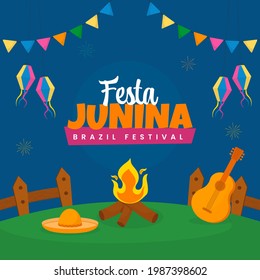 Brazil Festival Festa Junina Celebration Background With Bonfire, Guitar, Sombrero Hat Illustration.