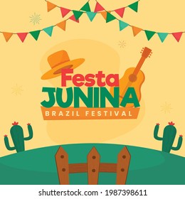 Brazil Festival Festa Junina Celebration Concept With Guitar Instrument, Hat, Cactus Plants, Fence On Green And Yellow Background.