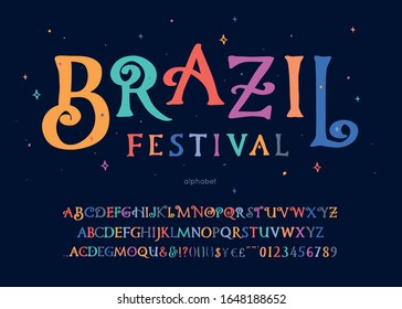 Brazil Festival vector font and alphabet. Colorful lettering design for banner, poster, invitation, greeteng card.