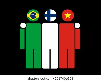 Brazil, Finland, and Vietnam National Flags With Embracing Body. Vector Illustration. Isolated background.