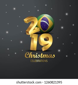 Brazil Flag 2019 Merry Christmas Typography. New Year Abstract Celebration background