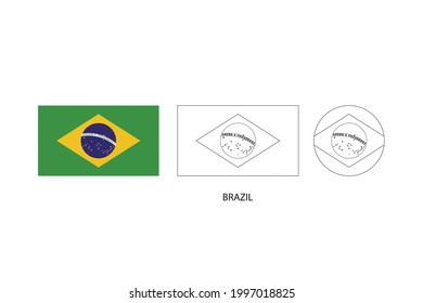 Bandera de Brasil 3 versiones, Ilustración vectorial, Línea delgada negra de rectángulo y el círculo sobre fondo blanco.