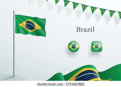 Brazil Flag 3d Elements Waving Flagpole Bunting Buttons