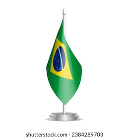 Bandera de Brasil - mini bandera 3D colgada en el asta de escritorio. Se puede utilizar para la presentación en la cumbre o en la conferencia. Ilustración vectorial con sombreado.