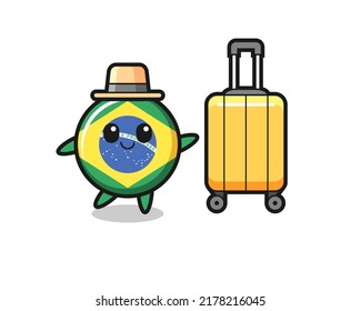 brazil flag badge cartoon illustration with luggage on vacation , cute style design for t shirt, sticker, logo element