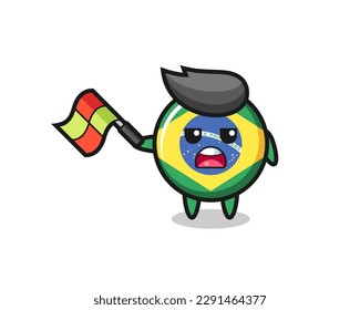 brazil flag badge cartoon as the line judge hold the flag up at a 45 degree angle , cute style design for t shirt, sticker, logo element