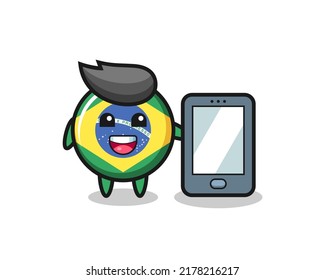 brazil flag badge illustration cartoon holding a smartphone , cute style design for t shirt, sticker, logo element