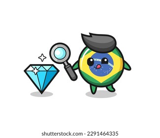 brazil flag badge mascot is checking the authenticity of a diamond , cute style design for t shirt, sticker, logo element
