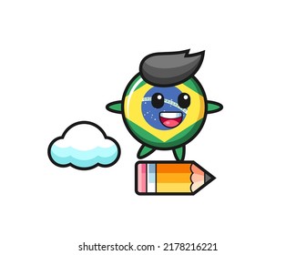 brazil flag badge mascot illustration riding on a giant pencil , cute style design for t shirt, sticker, logo element