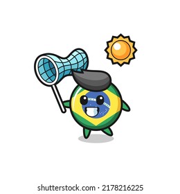 brazil flag badge mascot illustration is catching butterfly , cute style design for t shirt, sticker, logo element