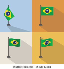 Brazil flag, Brazilian flag on flagpole with wave effect, vector illustration flat design, several types of Brazilian flag designs.