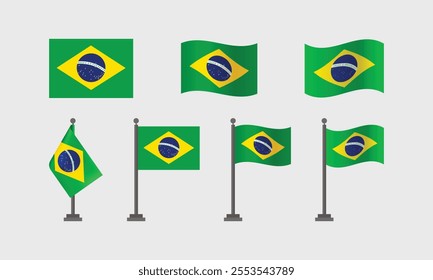 Brazil flag, Brazilian flag on flagpole with wave effect, vector illustration flat design, several types of Brazilian flag designs.