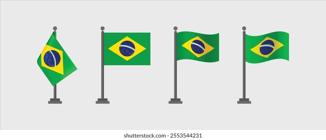 Brazil flag, Brazilian flag on flagpole with wave effect, vector illustration flat design, several types of Brazilian flag designs.