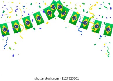 Brazil Flag Bunting With Many Falling Tiny Green And Blue, Yellow Confetti With Streamer Ribbon On White Background. Celebration & Congratulations. Sport Soccer, Football Decoration. Vector