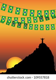 Bandera de Brasil anclando en el fondo de la puesta de sol en Río de Janeiro. Formato vectorial EPS10