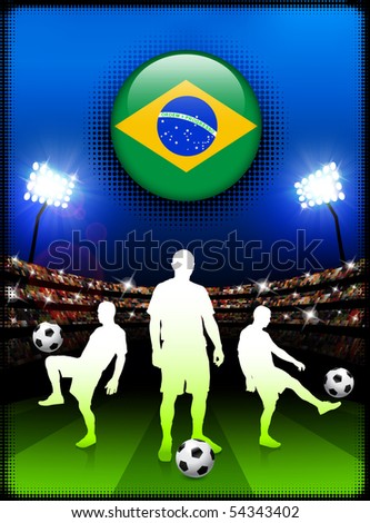Brazil Flag Button with Soccer Match in Stadium Original Illustration