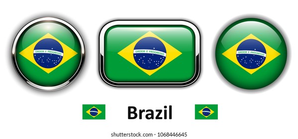 Brazil flag buttons, 3d shiny vector icons.