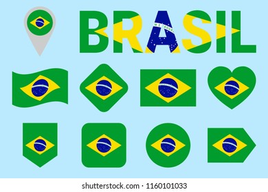Brazil flag collection. Vector Brazilian flags set. Flat isolated icons with state name. Traditional colors. Web, sports pages, national, travel, geographic, patriotic, cartographic design elements