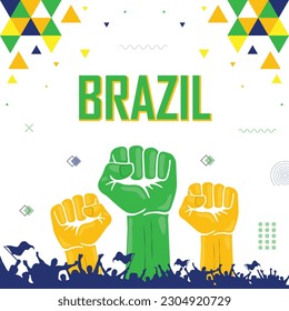 Brazil flag color combination patriot banner, raised fist, human hands, cheering people, celebrate, green, yellow and blue geometric abstract background design, strike, parade, riot, protest or rally
