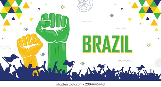 Brazil flag color, independence day banner abstract background, raised fist, protest or rally, human hands, cheering people with flags, copy space for text, blue, green and yellow geometric design