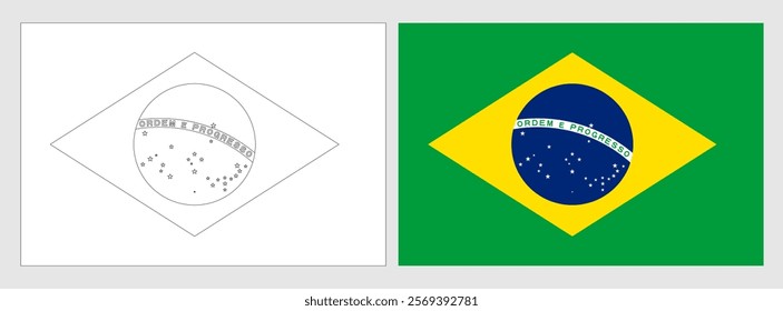 Brazil flag - coloring page. Set of white wireframe thin black outline flag and original colored flag.