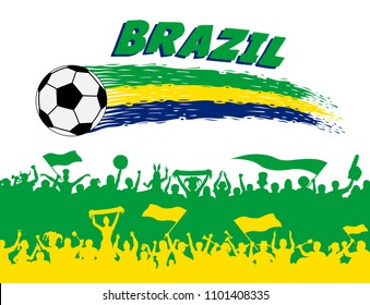 Brazil flag colors with soccer ball and Brazilian supporters silhouettes. All the objects, brush strokes and silhouettes are in different layers and the text types do not need any font. 