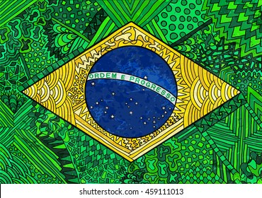 Brazil Flag. Ethnic National Symbol Of Brazil And Rio De Janeiro. Zentangle Flag Illustration. Brazilian Sport And Culture. Hand Drawn Effect Vector For Web, Banners, Clothes Or Printed Products.