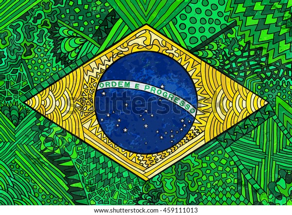 ブラジル国旗 ブラジルとリオデジャネイロの民族的シンボル Zentangleフラグのイラスト ブラジルのスポーツと文化 ウェブ バナー 衣服 印刷物用の手描きのエフェクトベクター画像 のベクター画像素材 ロイヤリティフリー