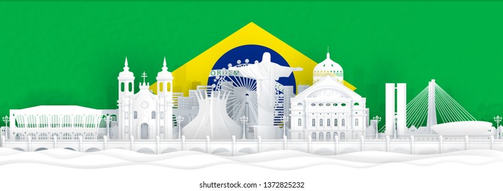 Brazil flag and famous landmarks in paper cut style vector illustration