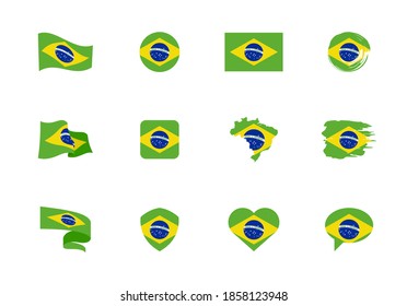 Brazil flag - flat collection. Flags of different shaped twelve flat icons. Vector illustration set