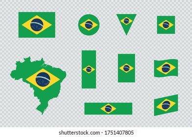 Brazil Flag Flat Icon Different Shapes Map Vector Set