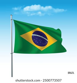 Brazil flag flying on blue sky, vector illustation.
