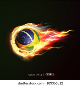 Brazil flag with flying soccer ball on fire isolated black background, vector illustration