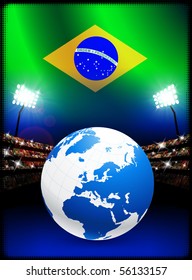 Brazil Flag with Globe on Stadium Background Original Illustration