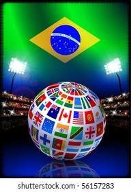 Brazil Flag Globe on Stadium Background Original Illustration